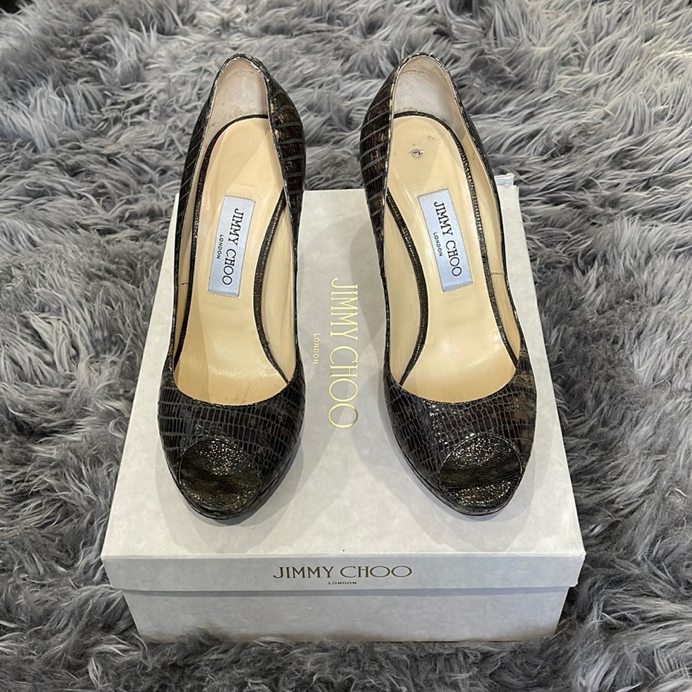 Jimmy Choo Snake Skin Peeptoe Pumps